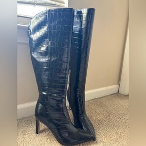 Nine West Black Croc-Patterned Stiletto Heeled Boots